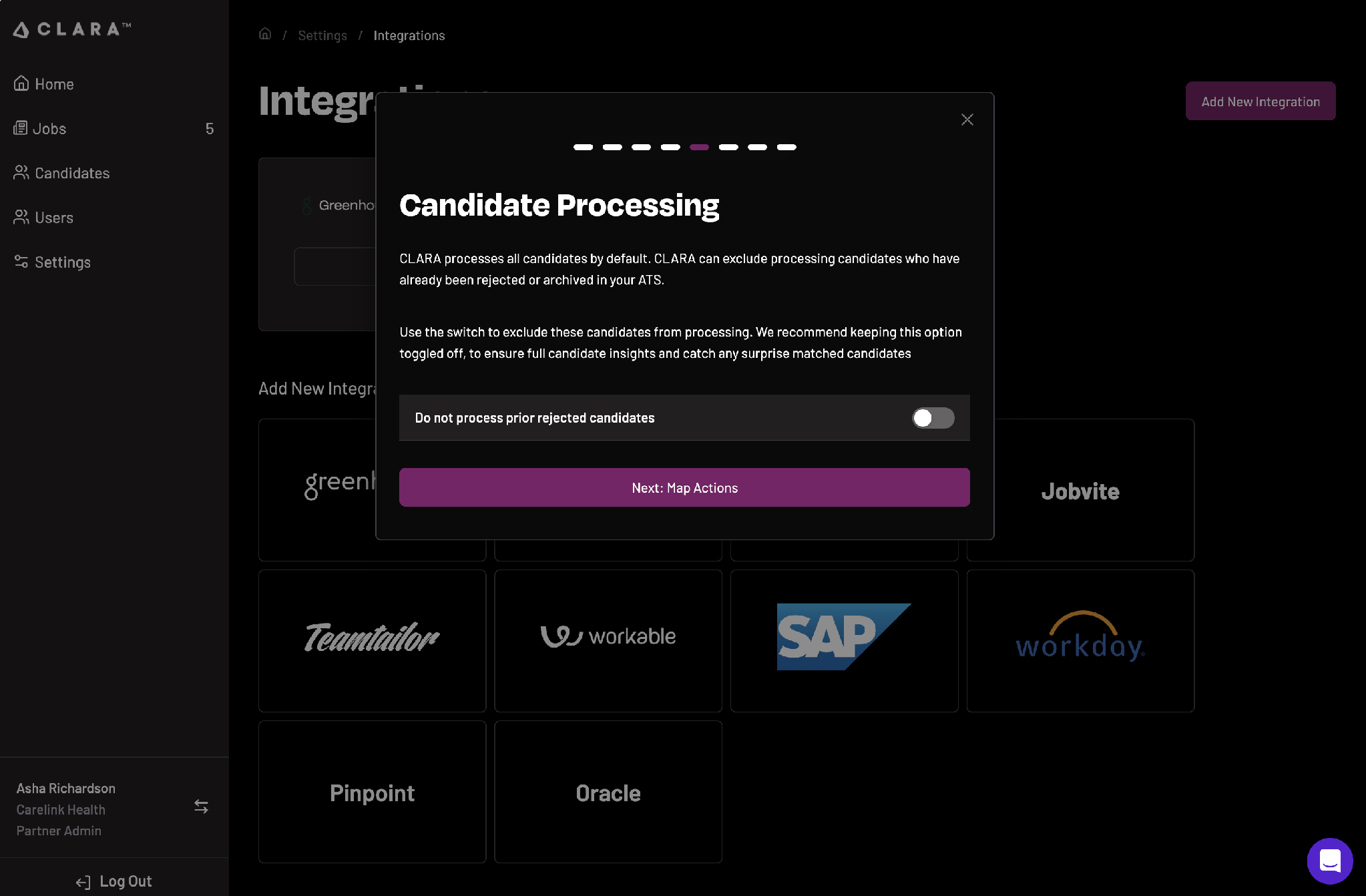CLARA candidate processing screen with the Do not process prior rejected candidates toggle