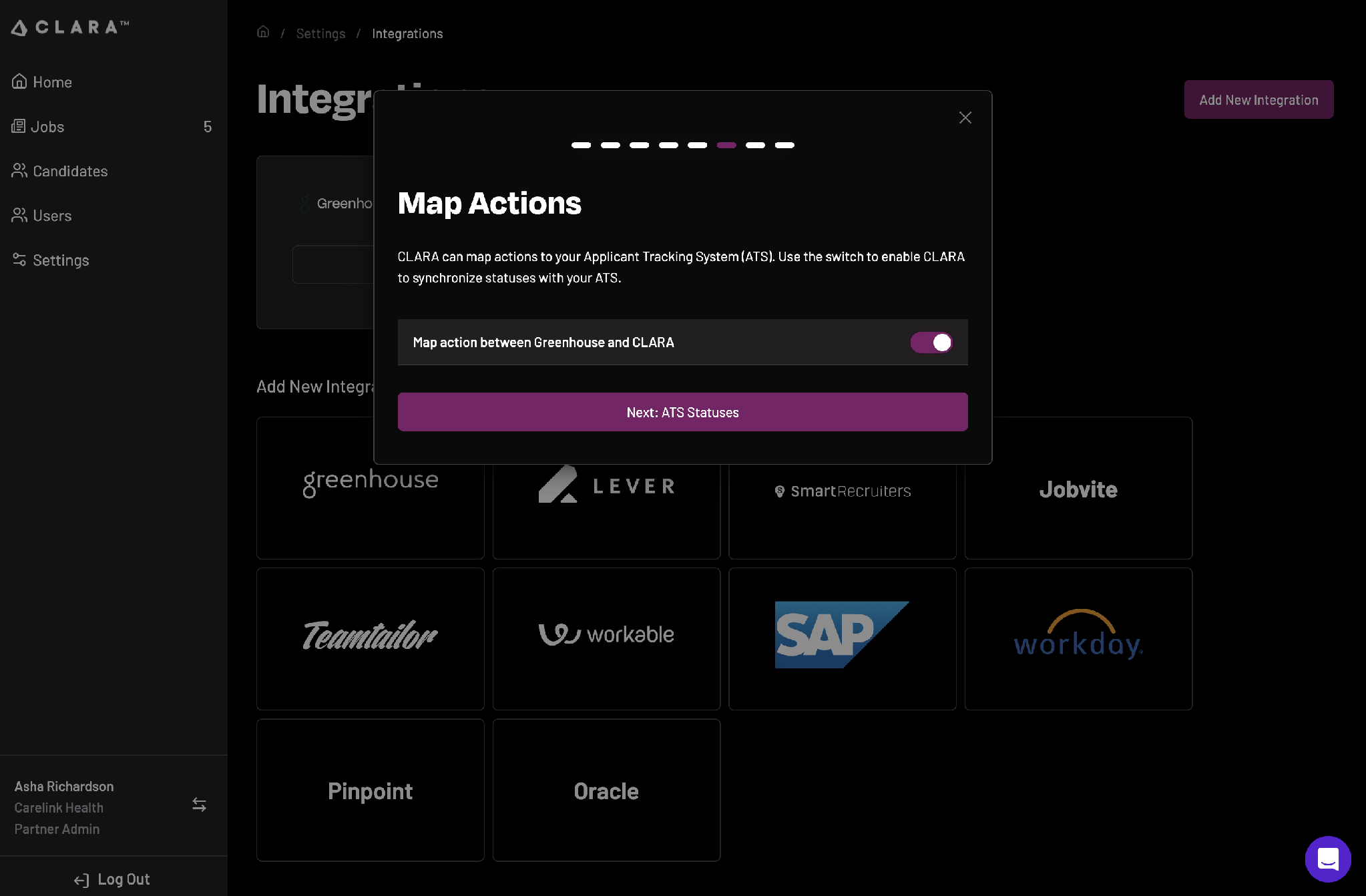 CLARA Map action between Greenhouse and CLARA toggle screen