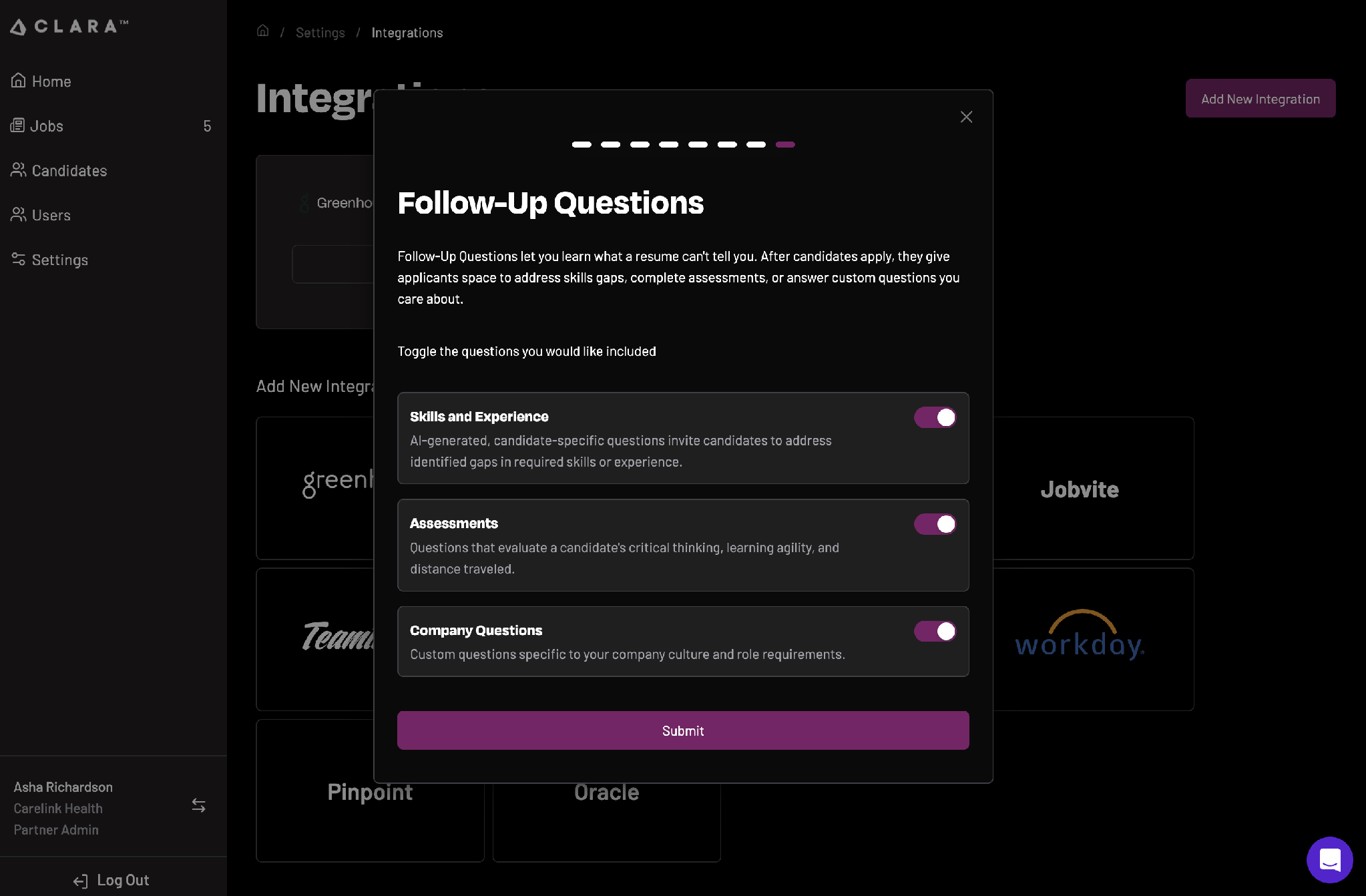 CLARA follow-up questions configuration screen with Skills and Experience, Assessments, and Company Questions toggles
