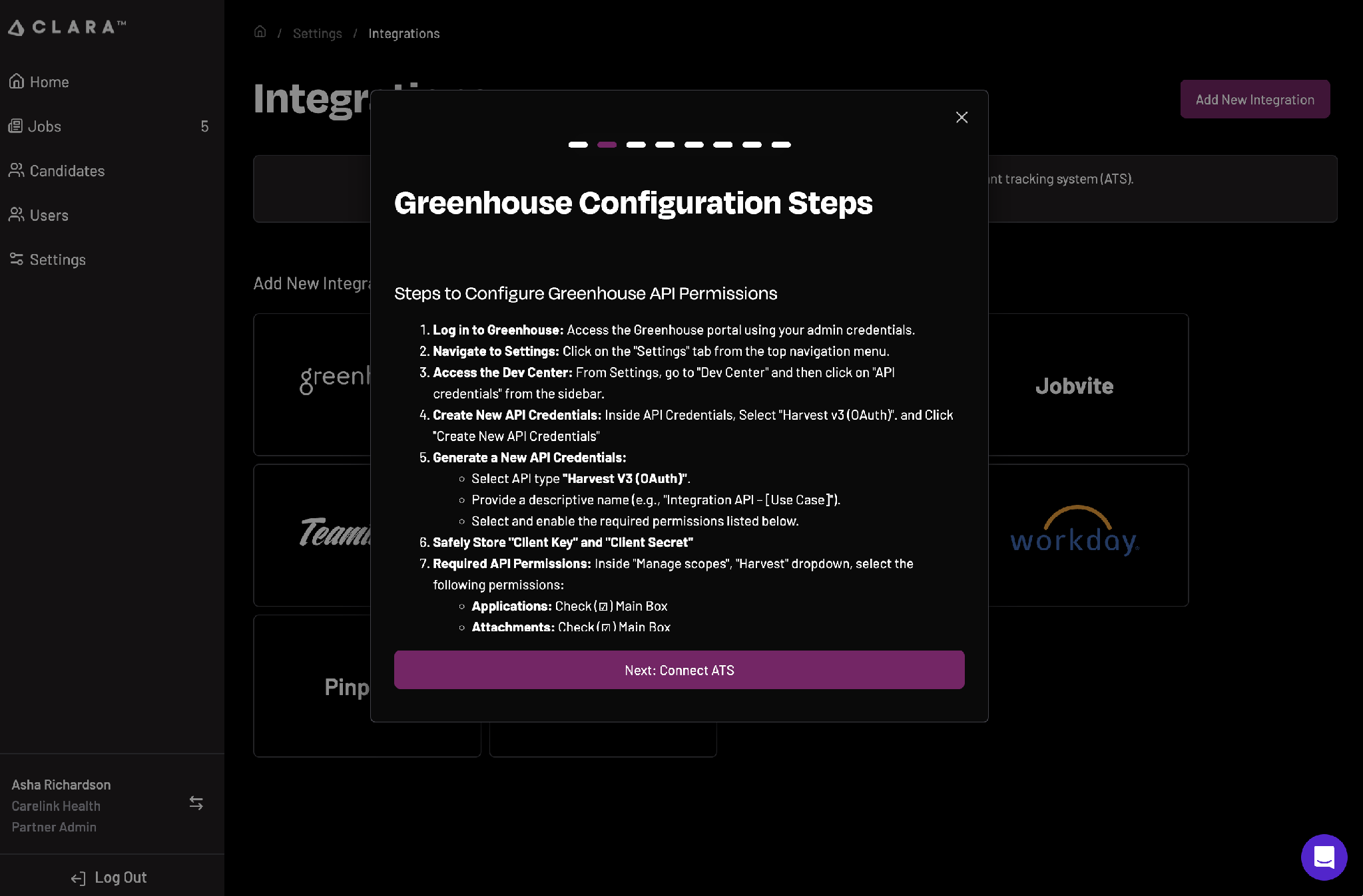 CLARA setup wizard showing the Greenhouse configuration steps and requested permissions