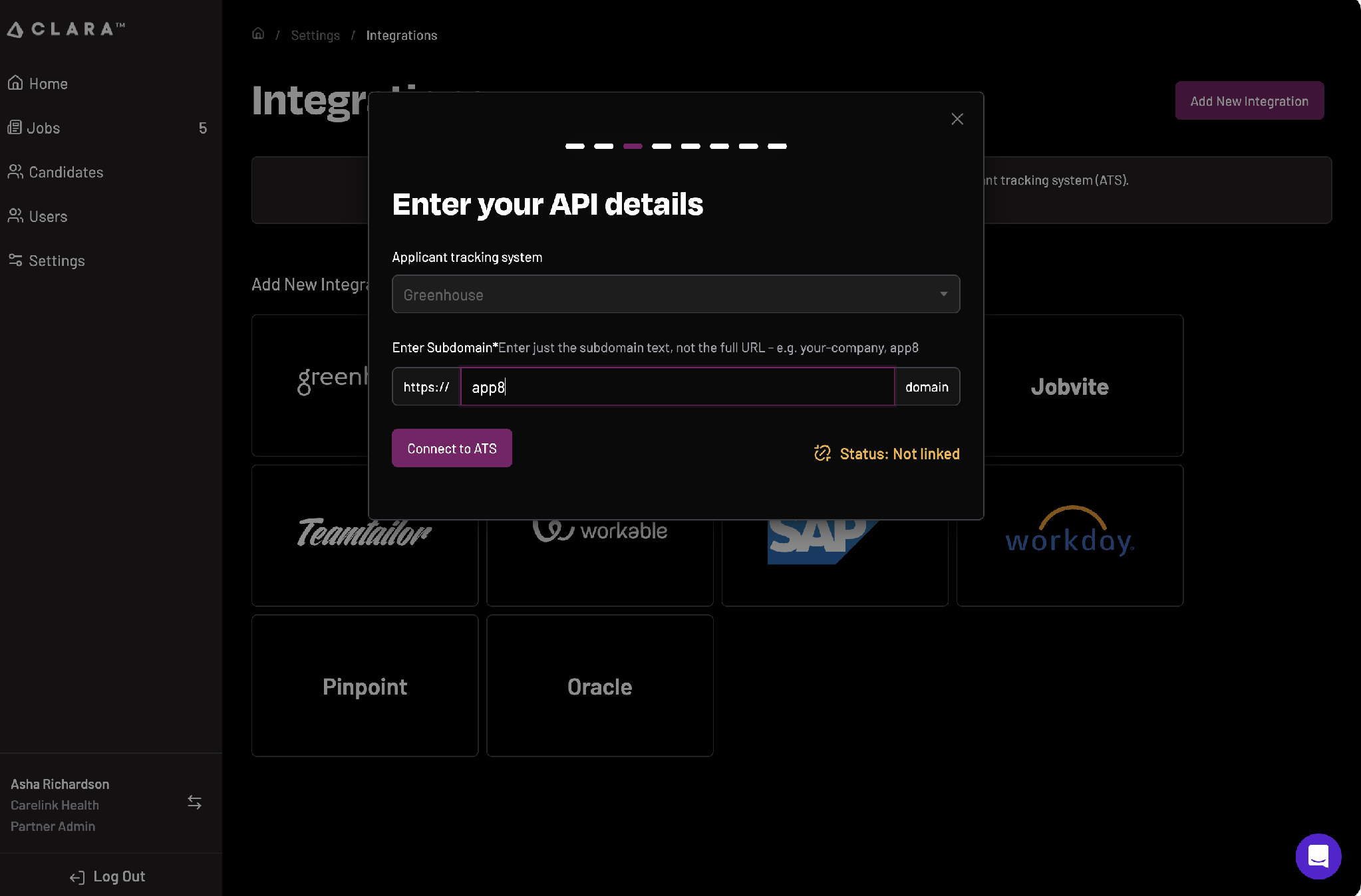 CLARA Enter your API details screen with Greenhouse subdomain field and Connect to ATS button