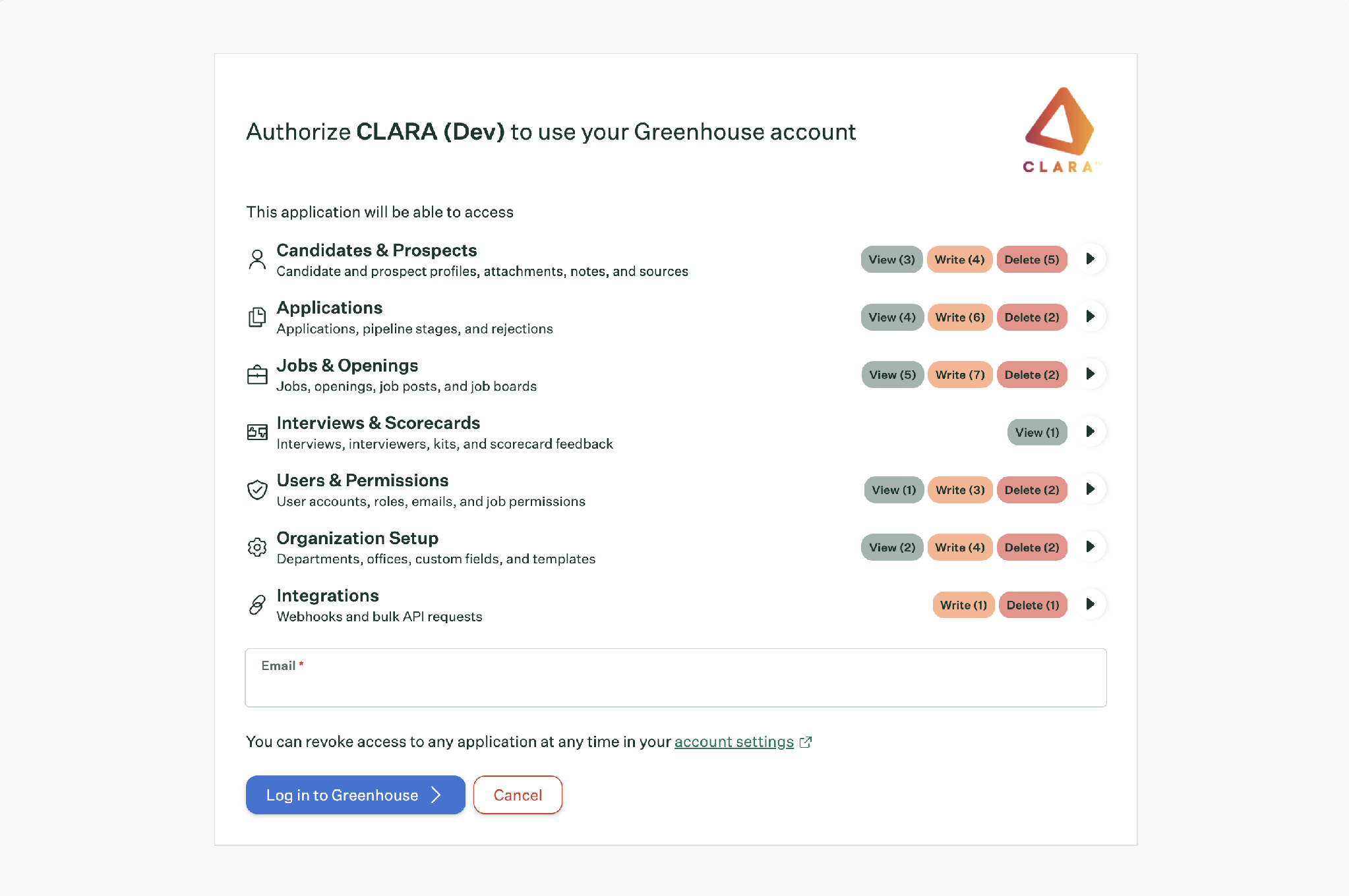 Greenhouse authorization page with the Email field for logging in to CLARA