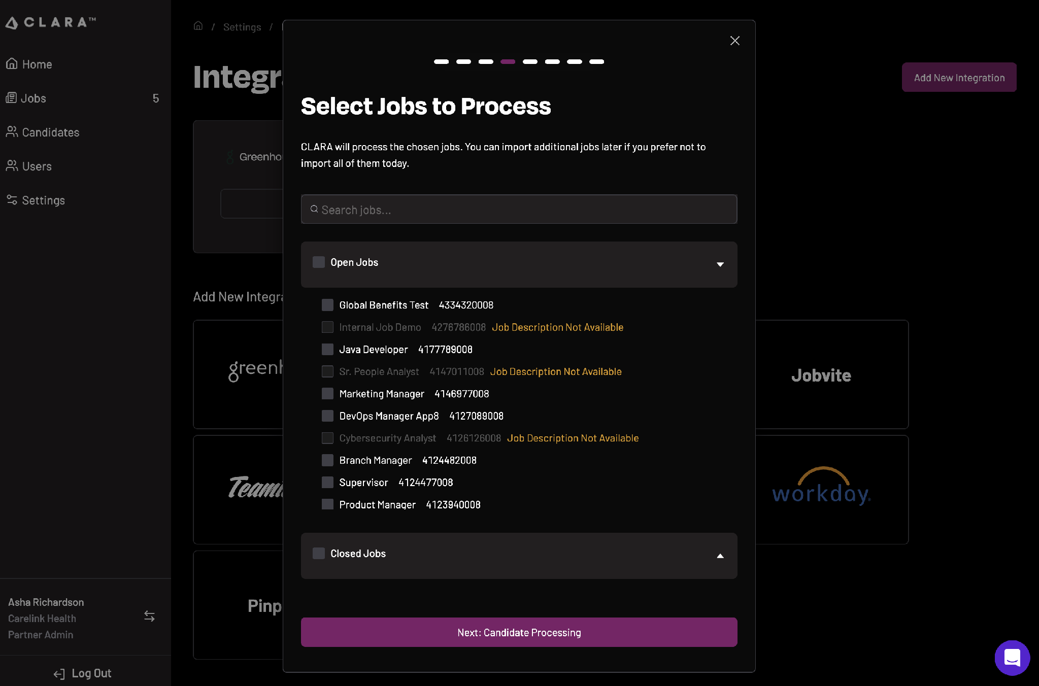 CLARA job selection screen showing open and closed Greenhouse jobs available to import