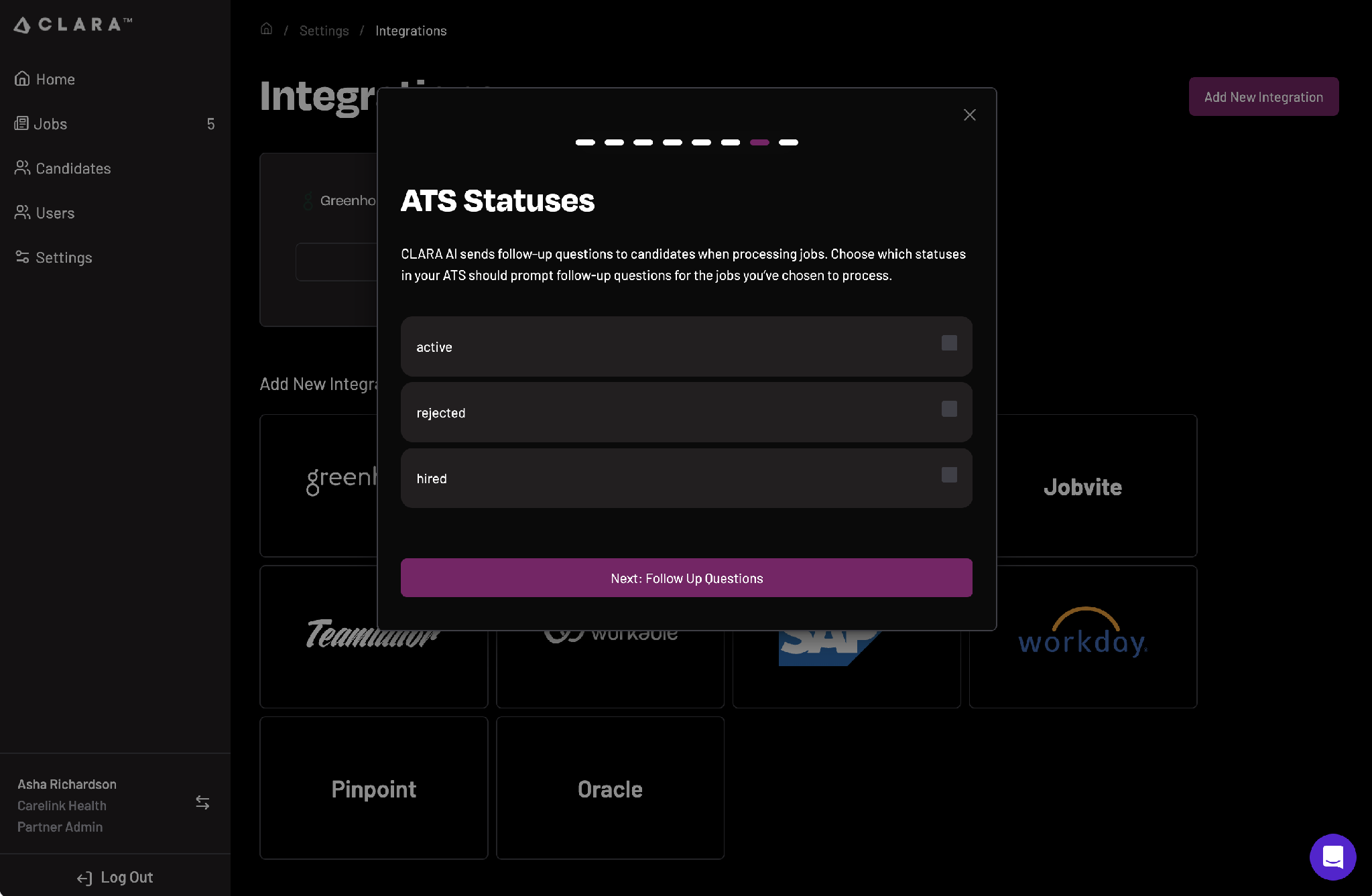 CLARA ATS statuses screen with Active, Rejected, and Hired options