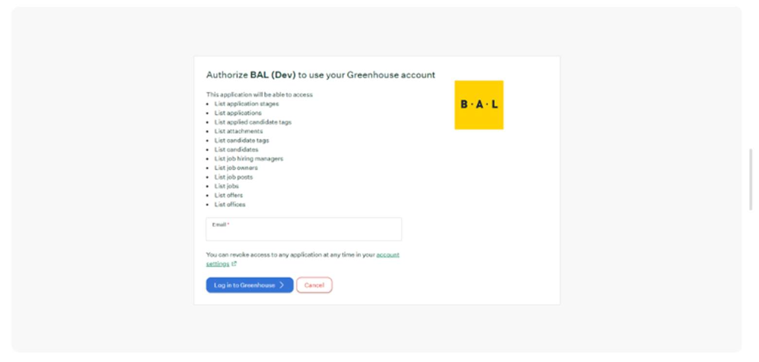 Greenhouse sign-in page after BAL redirects for authorization