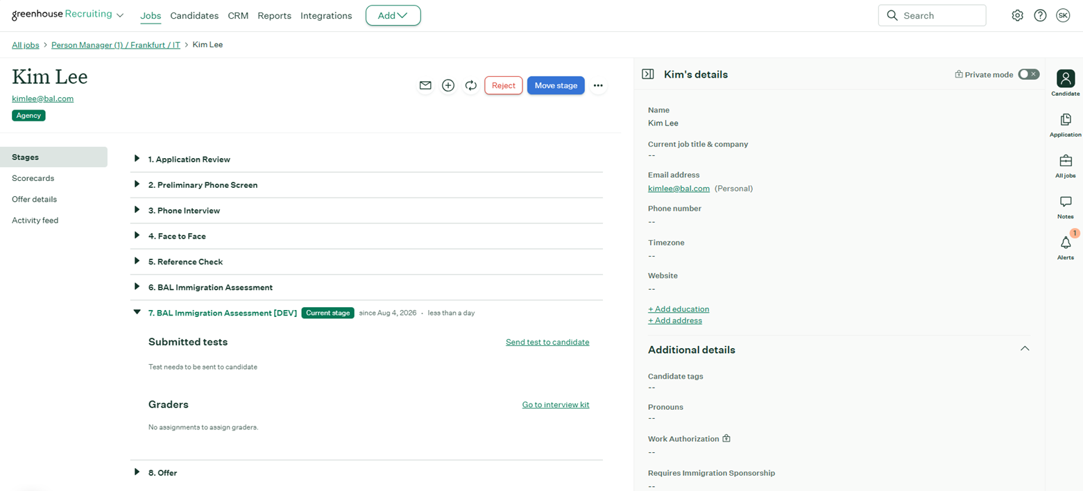 Candidate profile and application view in Greenhouse