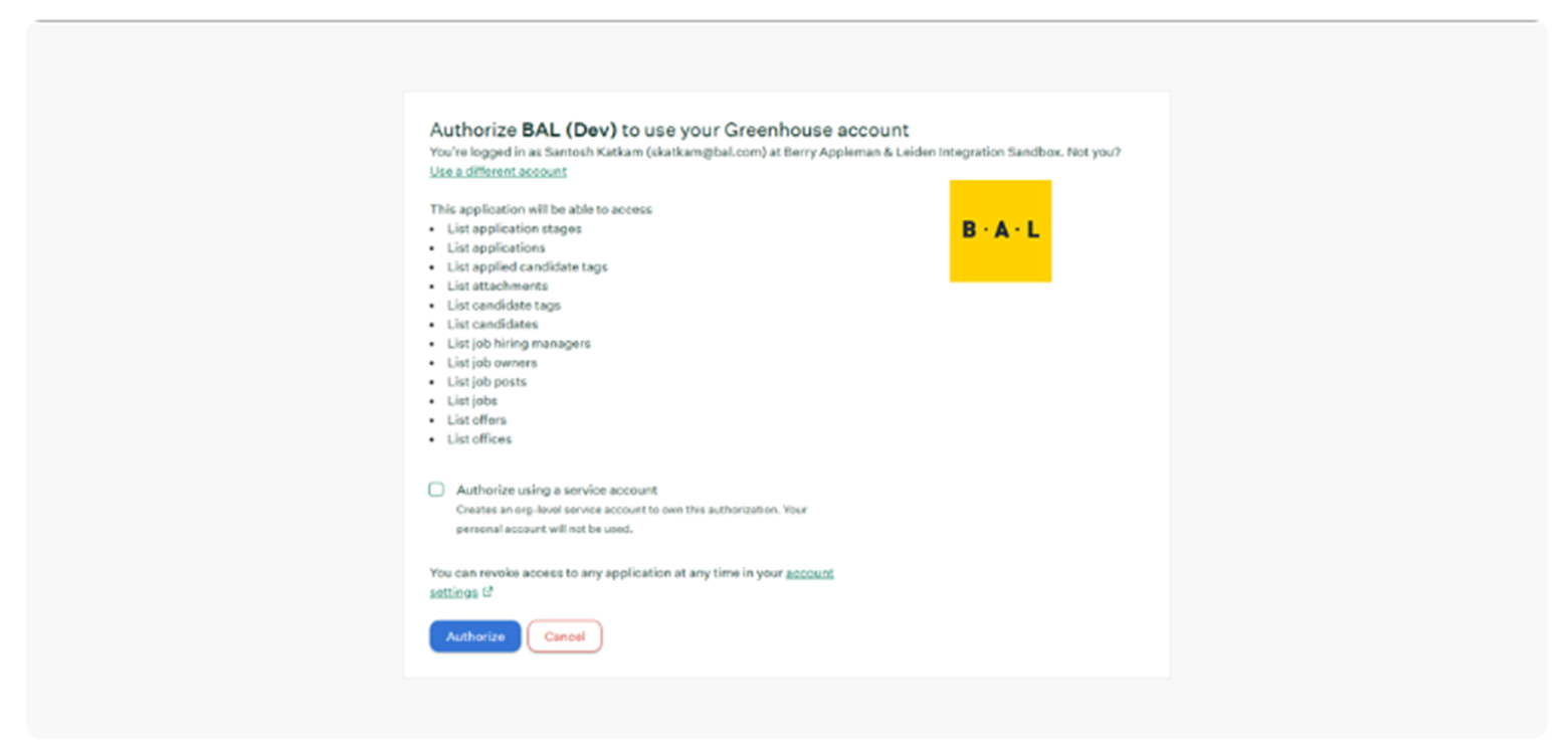 Greenhouse authorization page showing requested permissions and the Authorize button