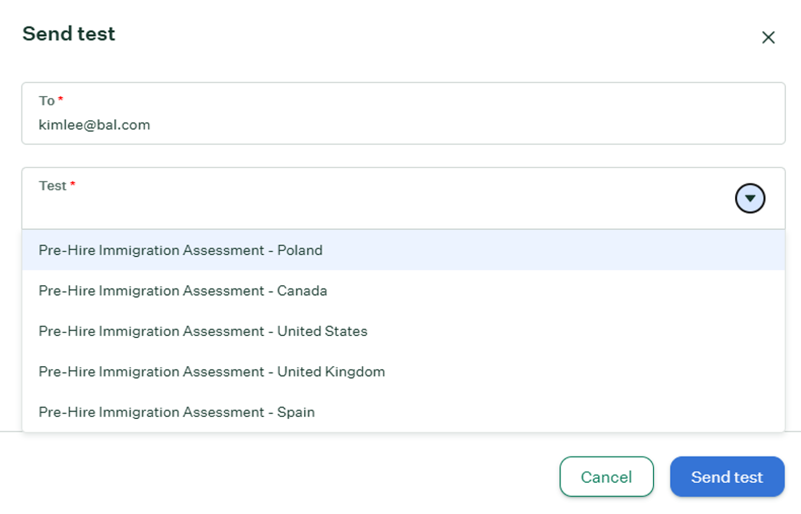 Modal showing the Send Test to Candidate link and Test option