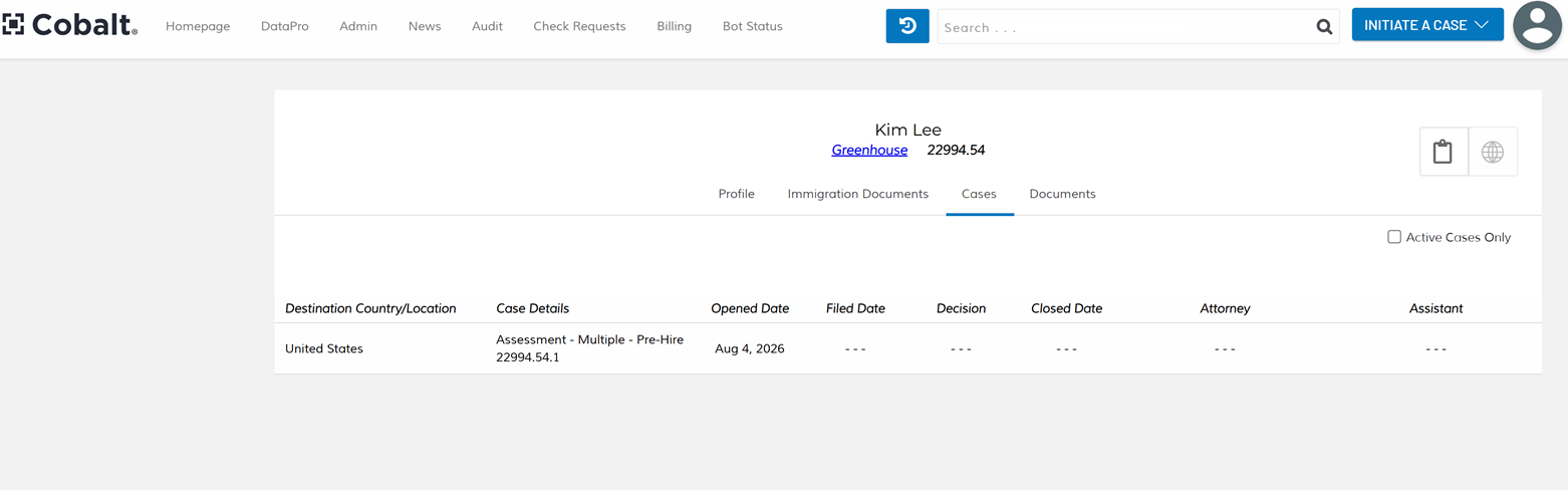Pre-hire assessment case created in BAL's Cobalt system