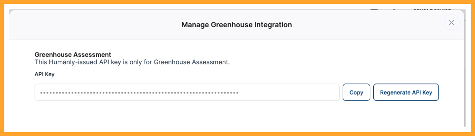 Humanly Manage Greenhouse Integration modal showing the Assessment API key