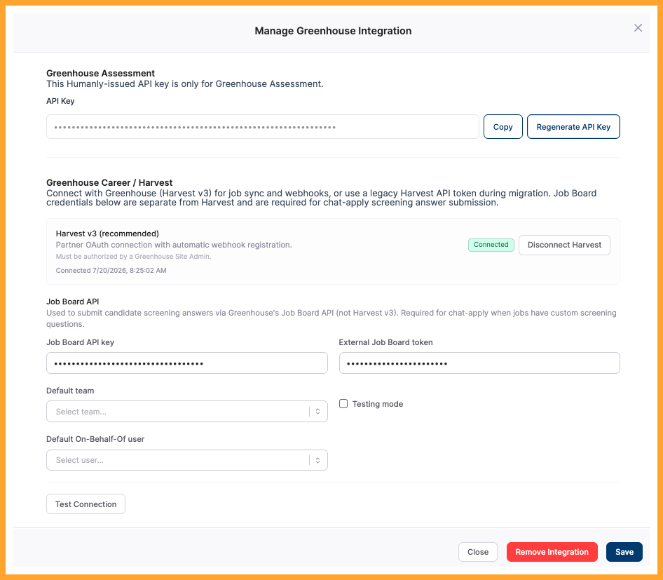 Humanly Manage Greenhouse Integration modal showing Default team, Job Board API key, and External Job Board token settings