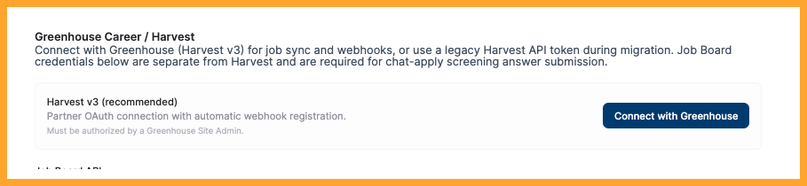 Humanly Manage Greenhouse Integration modal with the Connect with Greenhouse button