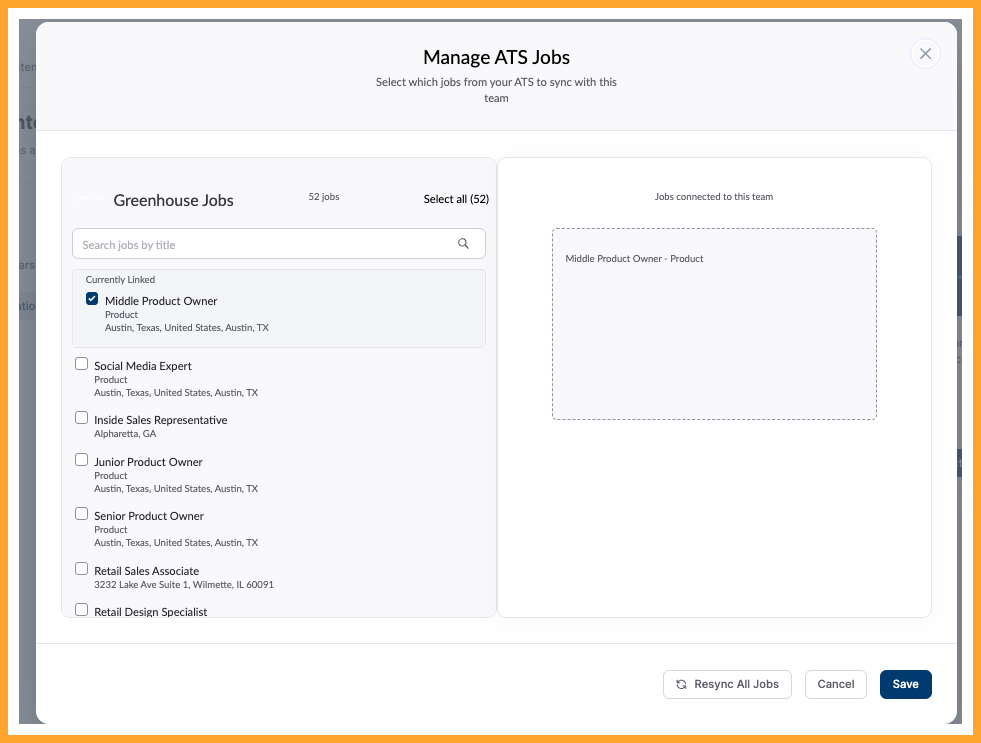 Humanly Manage Jobs screen for assigning Greenhouse jobs to a team
