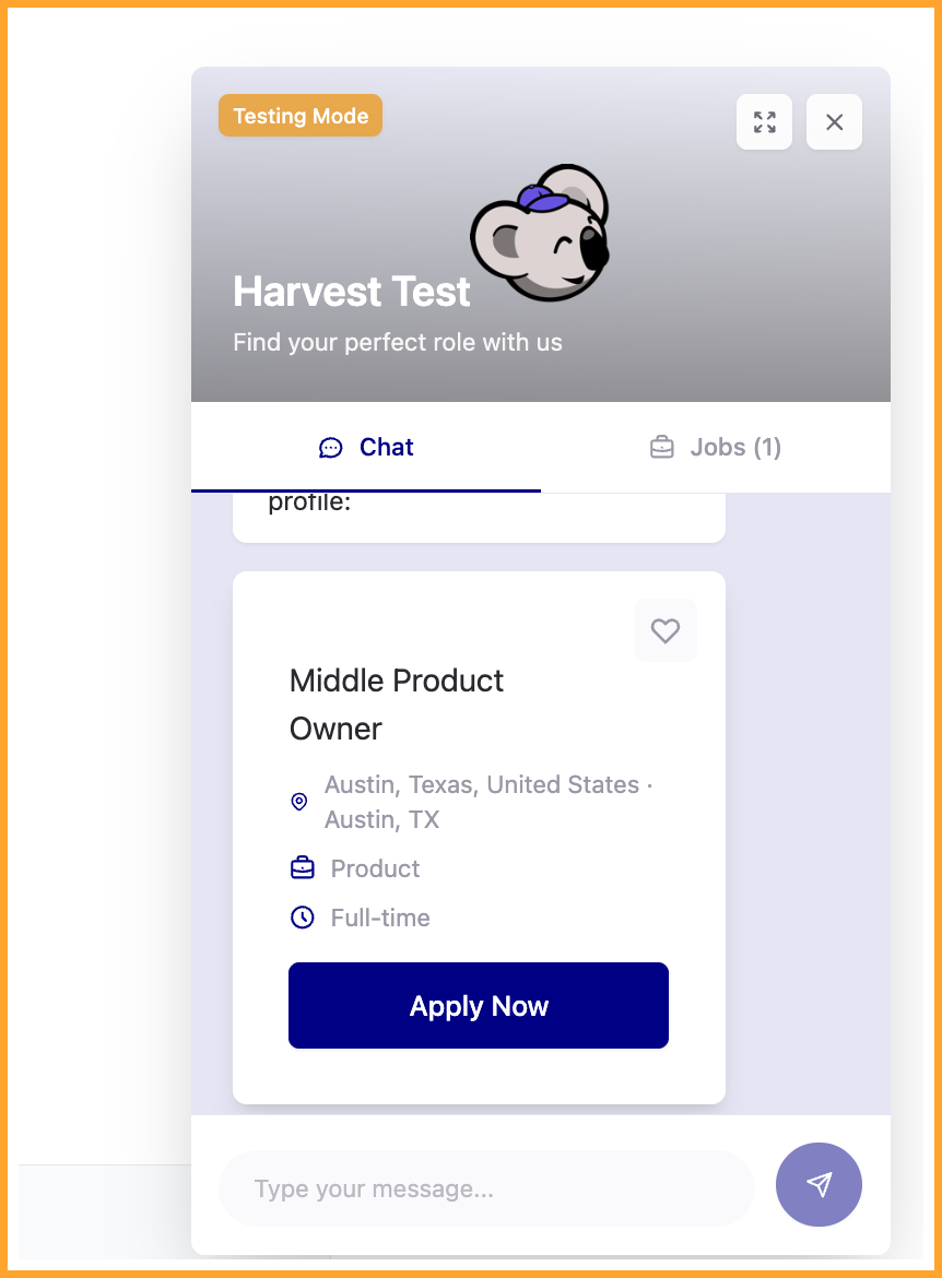 Humanly chat apply widget showing a candidate's screening question answers