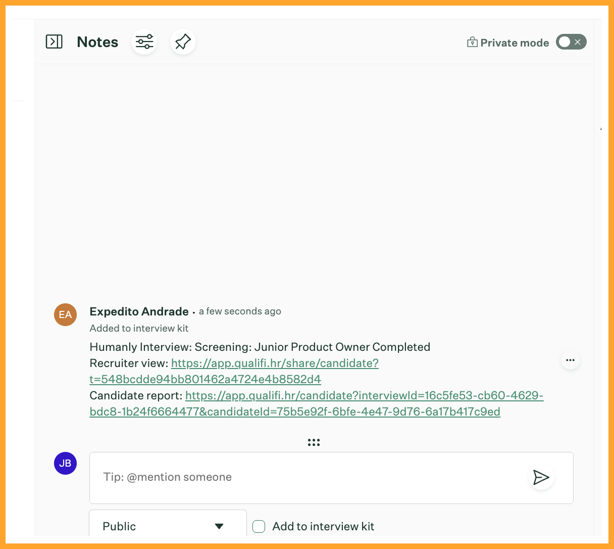 Candidate Notes tab in Greenhouse showing the Humanly results note