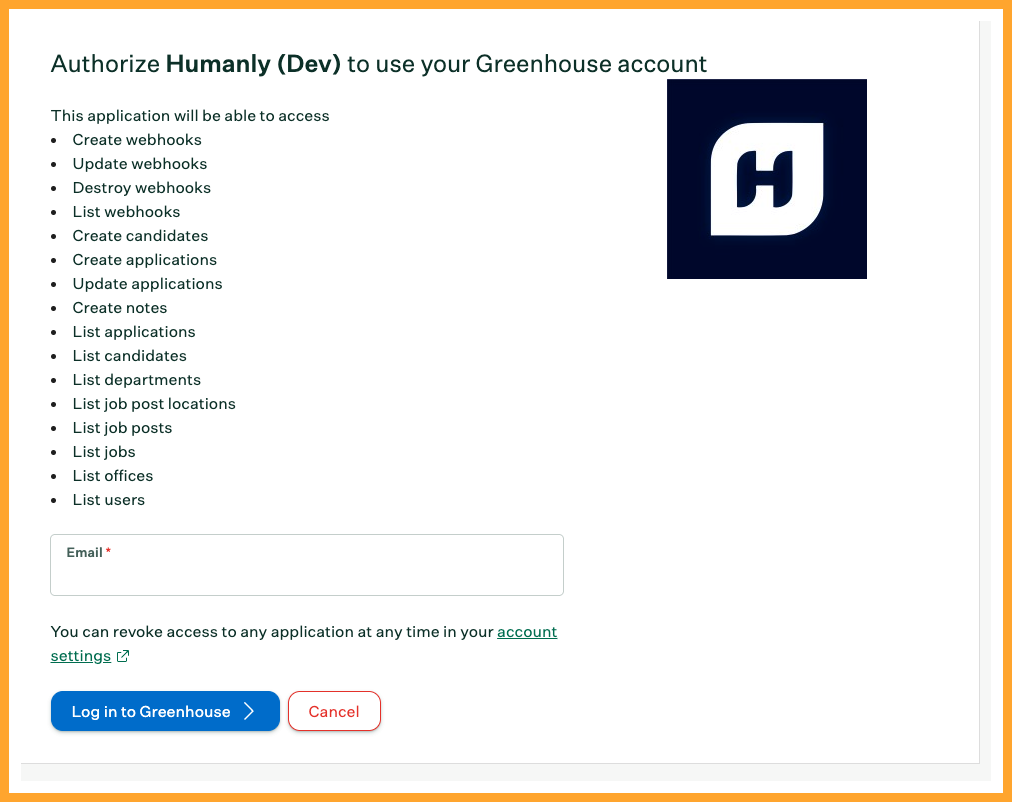Greenhouse authorization page for connecting Humanly as a Site Admin