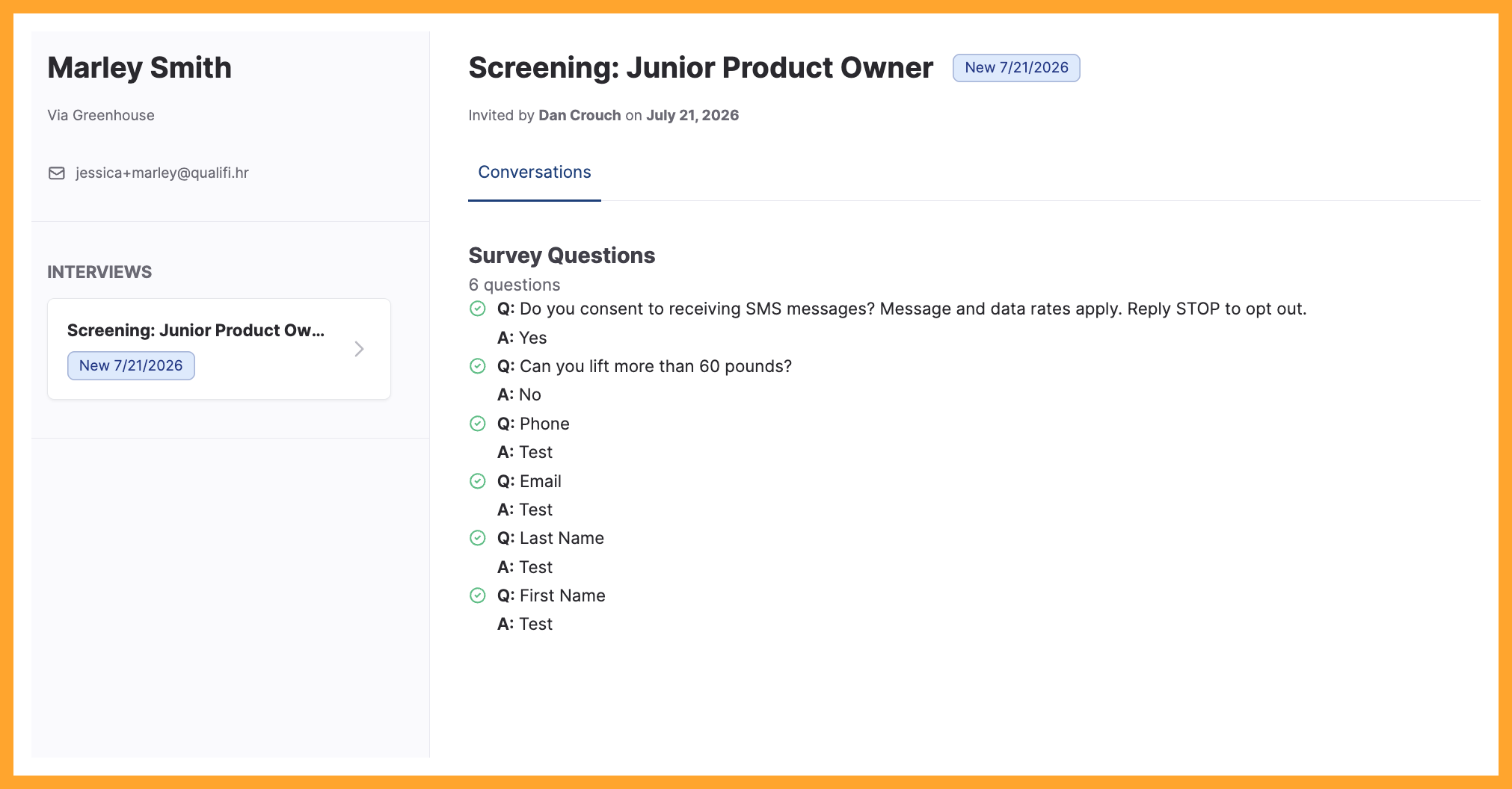 Humanly candidate results screen accessed via the Go to test link