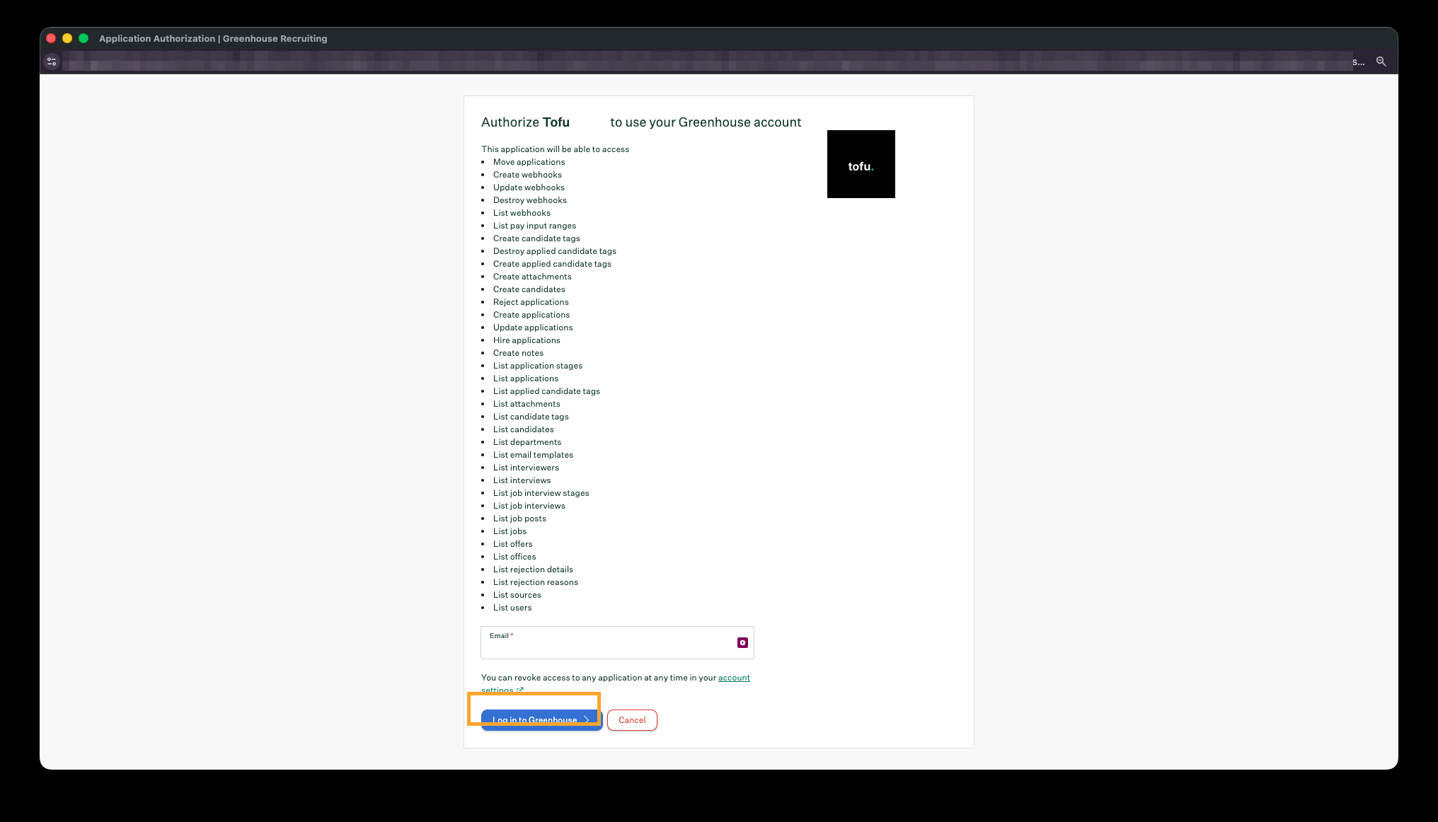 Greenhouse login screen for authorizing the tofu connection
