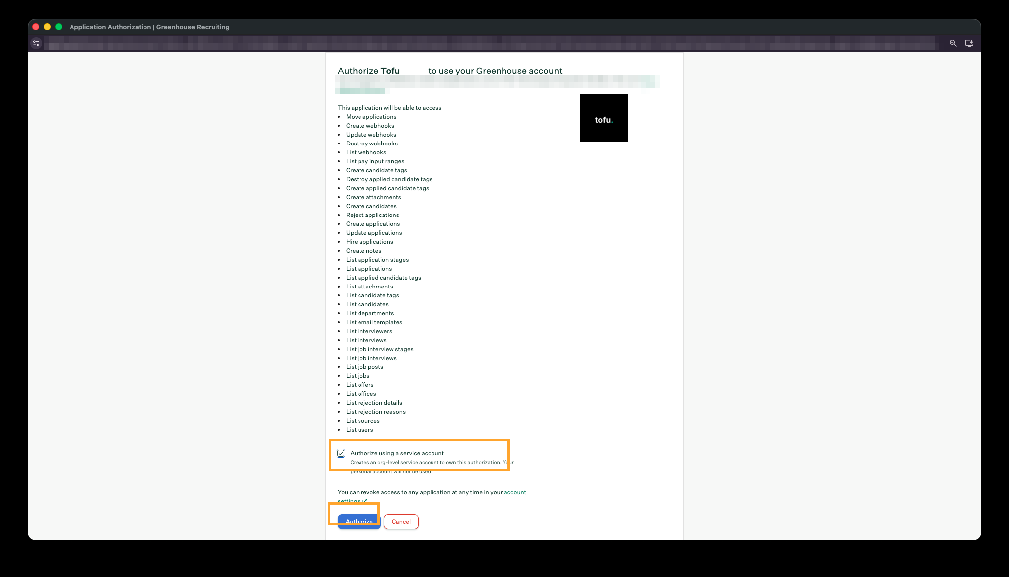 Greenhouse authorization method screen with the Authorize using a service account option