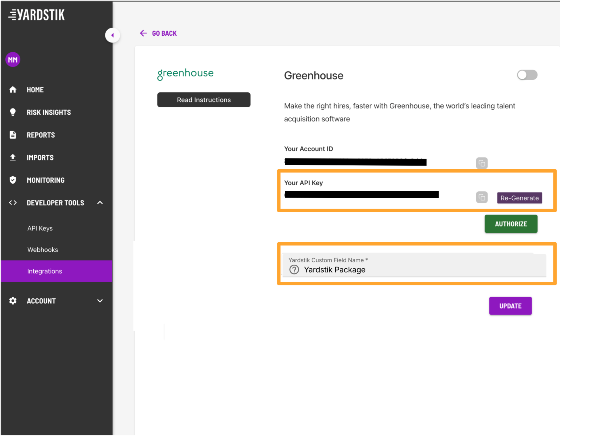 Yardstik Greenhouse integration page showing the Custom Field Name and API Key