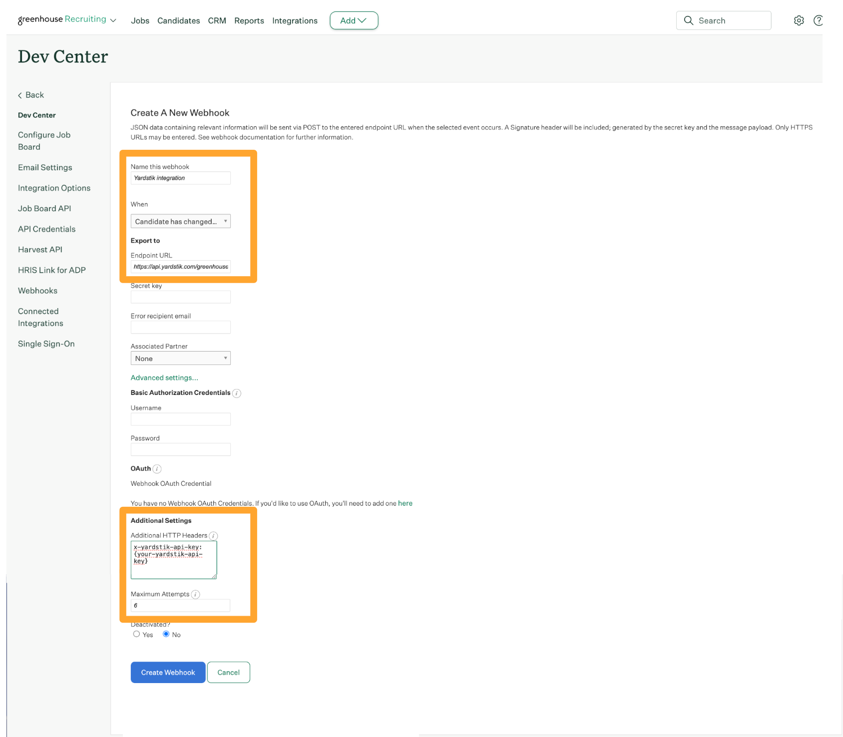 Greenhouse Create A New Webhook form configured for the Yardstik integration