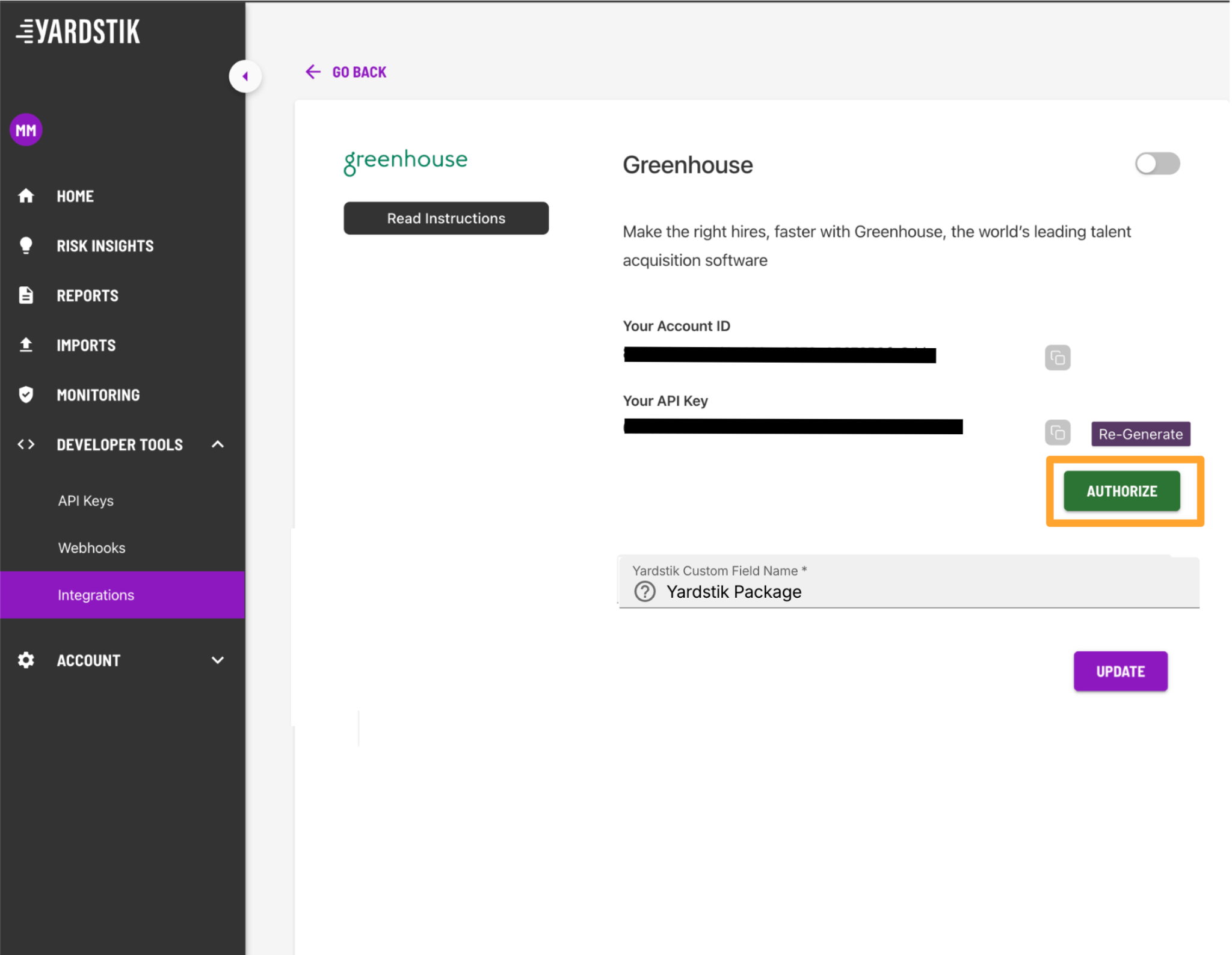 Yardstik Greenhouse integration page with the Authorize button