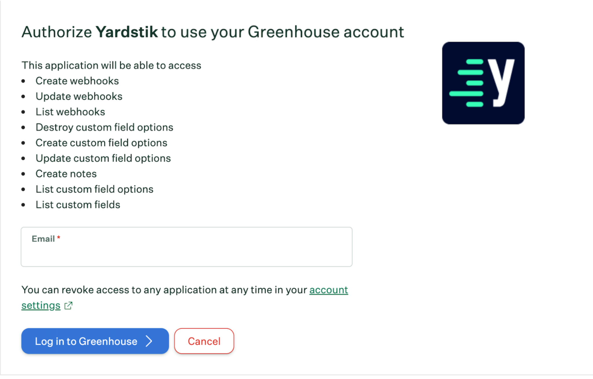 Greenhouse sign-in page for authorizing Yardstik as a Site Admin