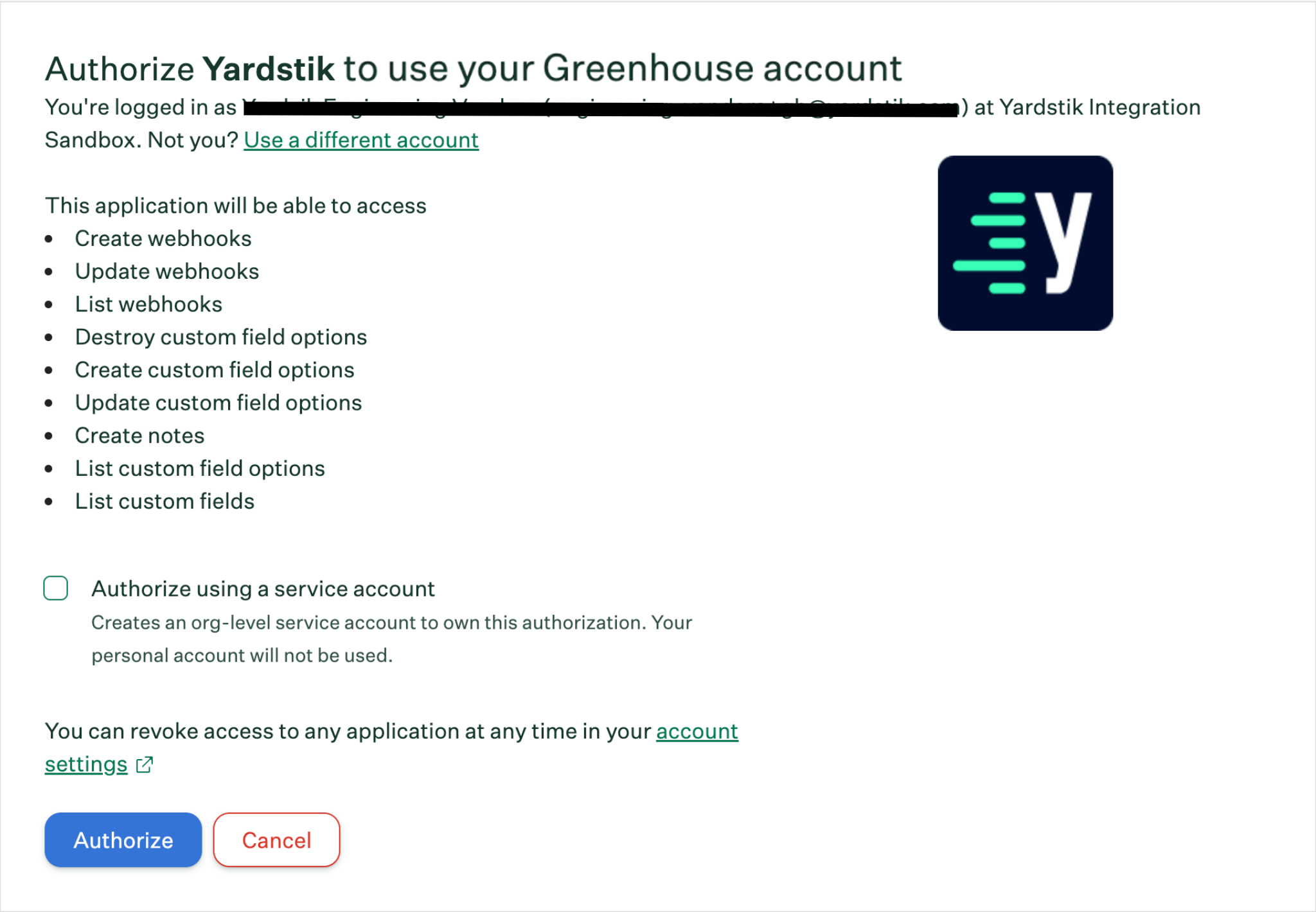 Greenhouse page showing the permissions requested by Yardstik