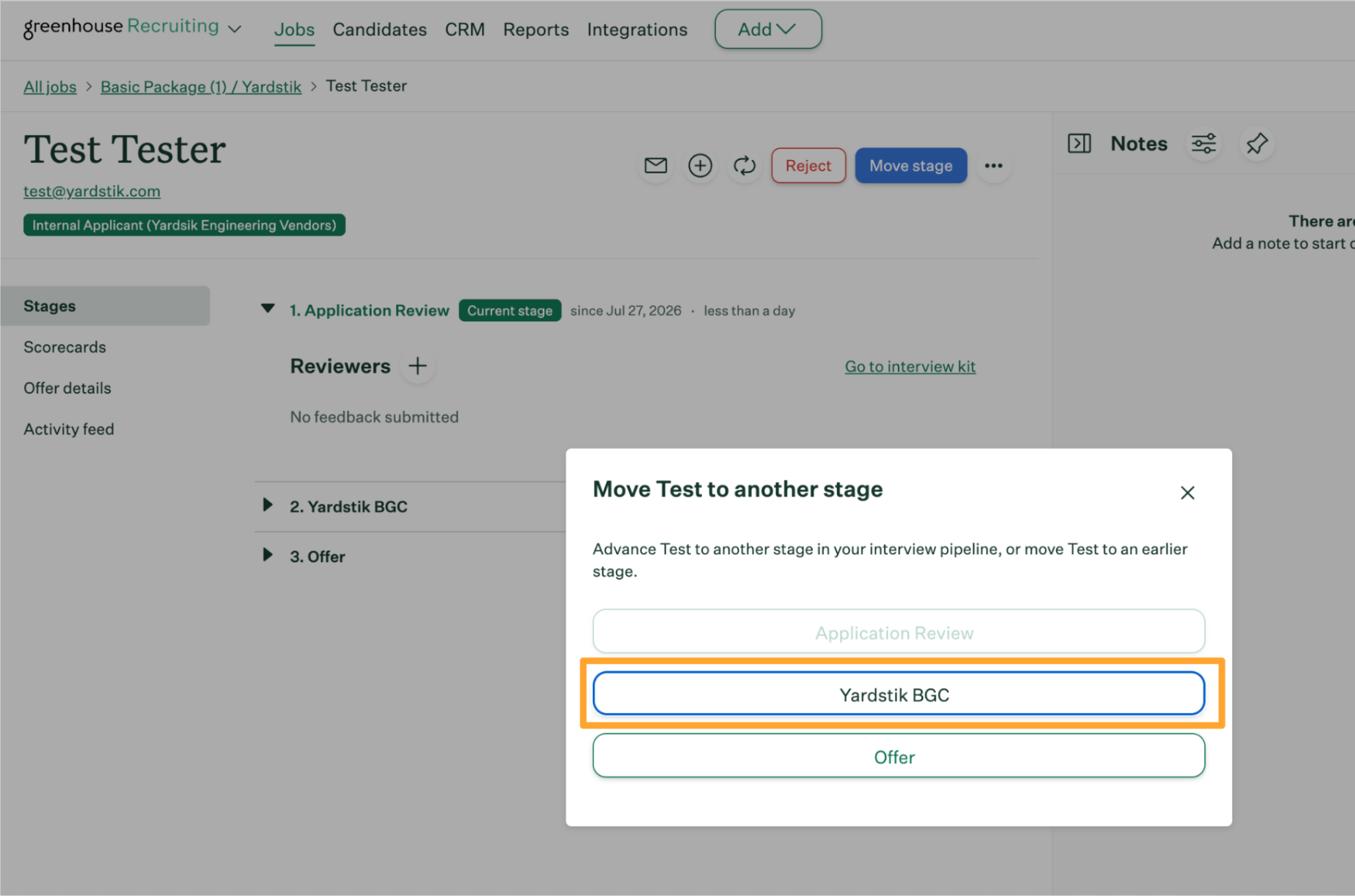 Private note on a Greenhouse candidate showing a Yardstik background check status update