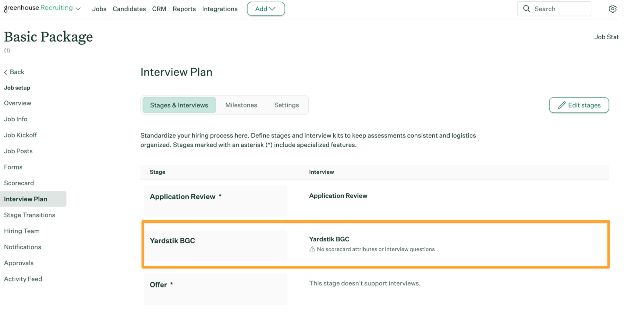 Greenhouse Interview Plan showing the Yardstik BGC stage