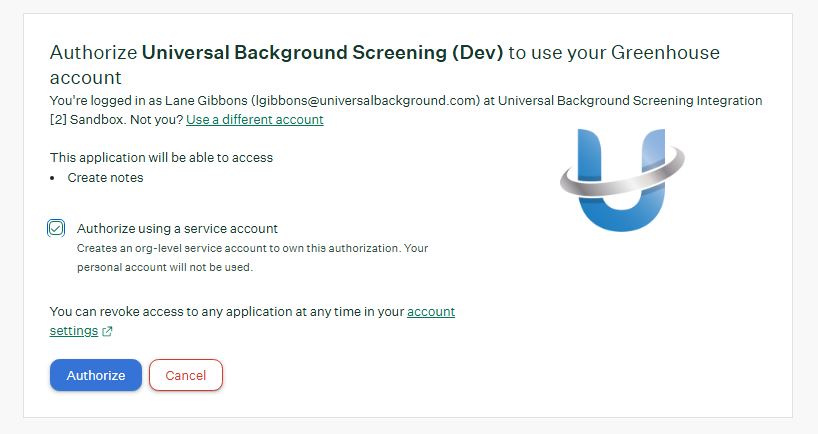 Greenhouse authorization screen with the Authorize using a service account option