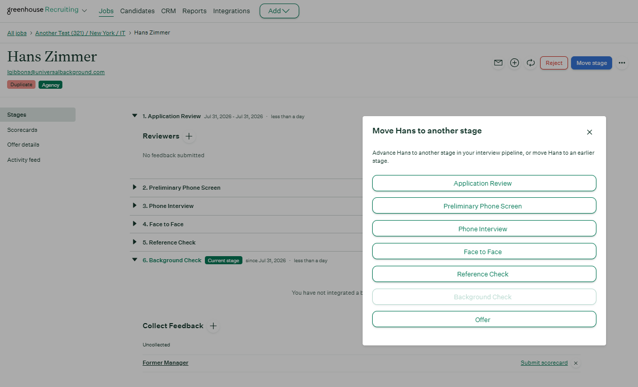 Greenhouse Move Stage menu showing the Offer stage option