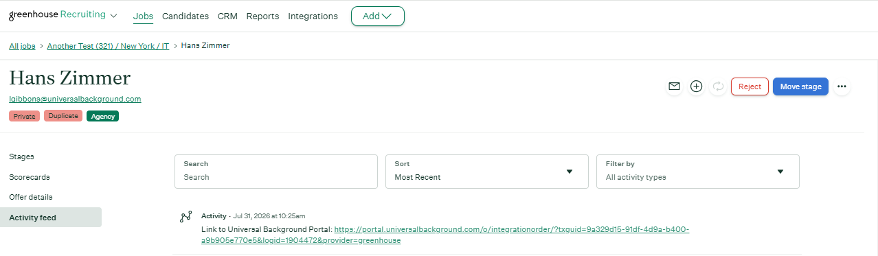 Greenhouse Activity Feed with the Universal Portal submission link