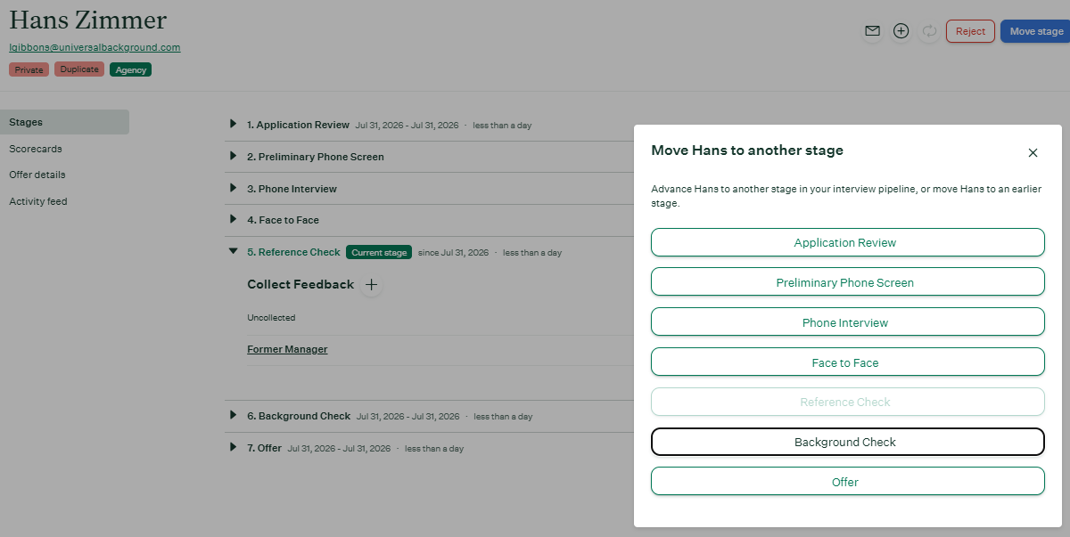 Greenhouse Move Stage menu showing the Background Check Stage option