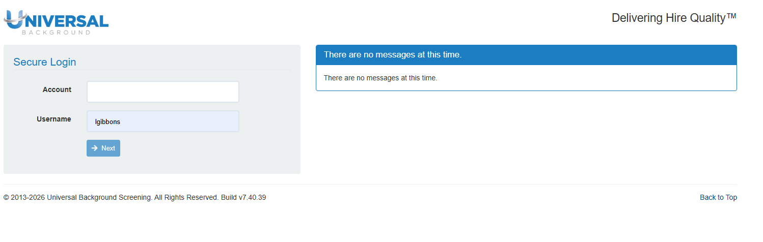Universal Background Screening portal login page