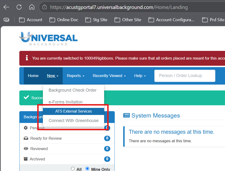 Universal Background Screening ATS External Services menu showing Connect with Greenhouse