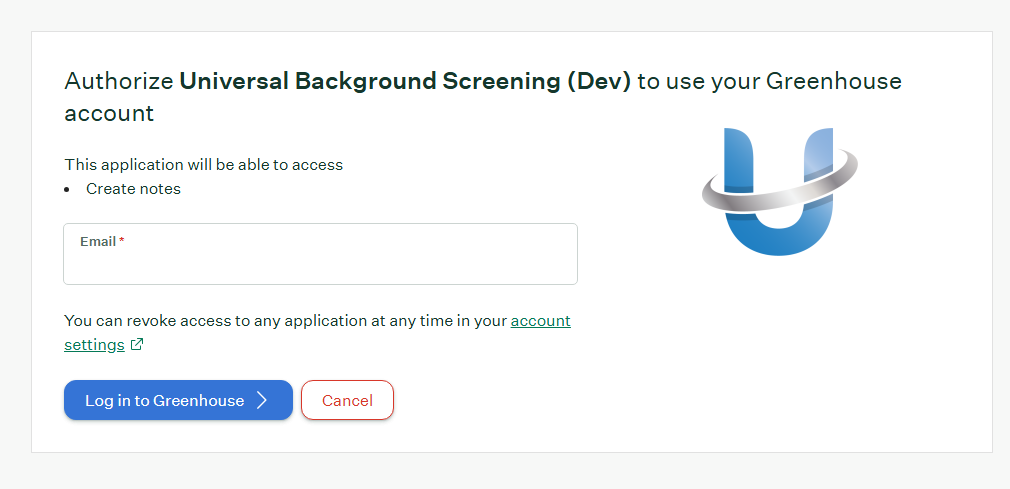 Universal Background Screening prompt to log in to Greenhouse