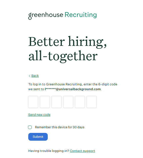 Greenhouse login page requesting username, password, and confirmation code