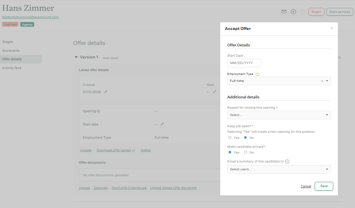 Greenhouse offer marked as Accepted with Make Candidate Private set to No
