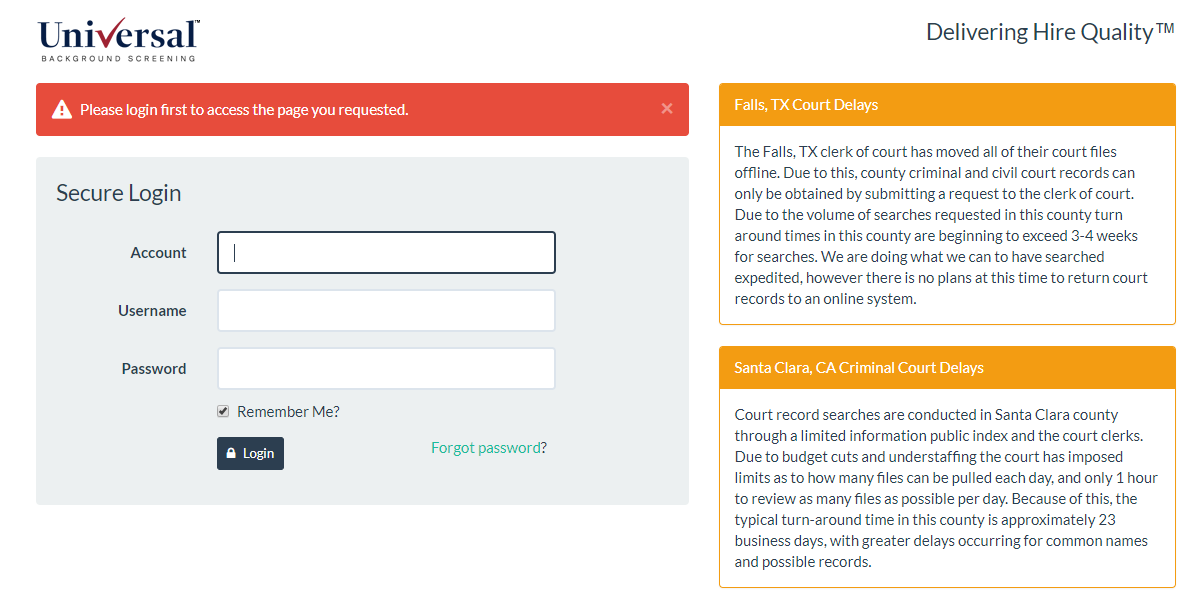 Universal Background Screening login page reached from the Activity Feed