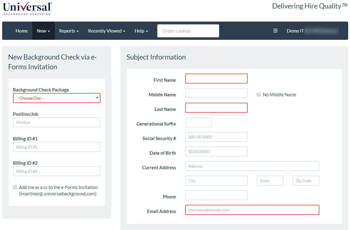Universal Background Screening form pre-filled with candidate information from Greenhouse