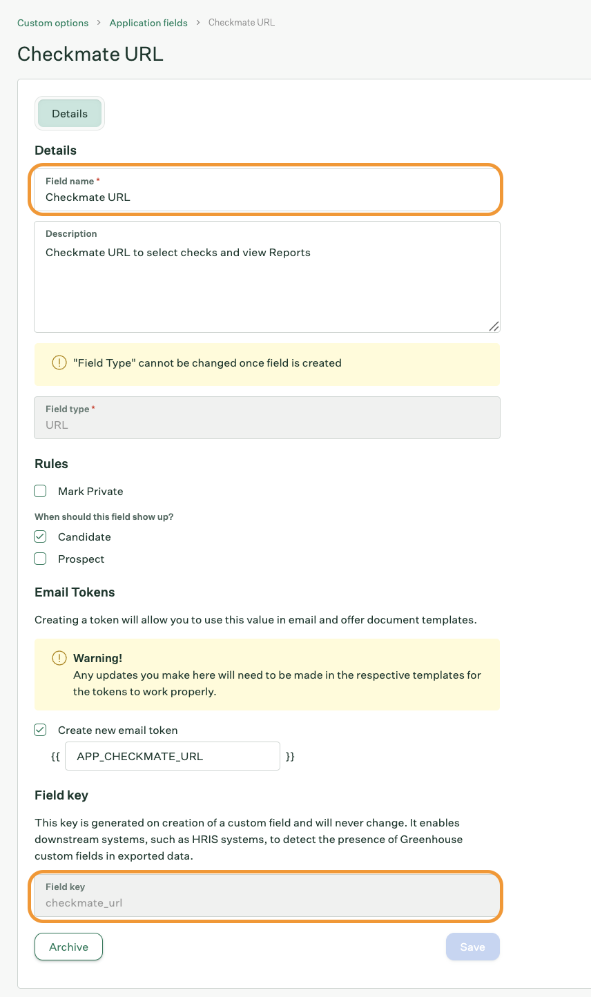 Add field screen for creating a custom application field