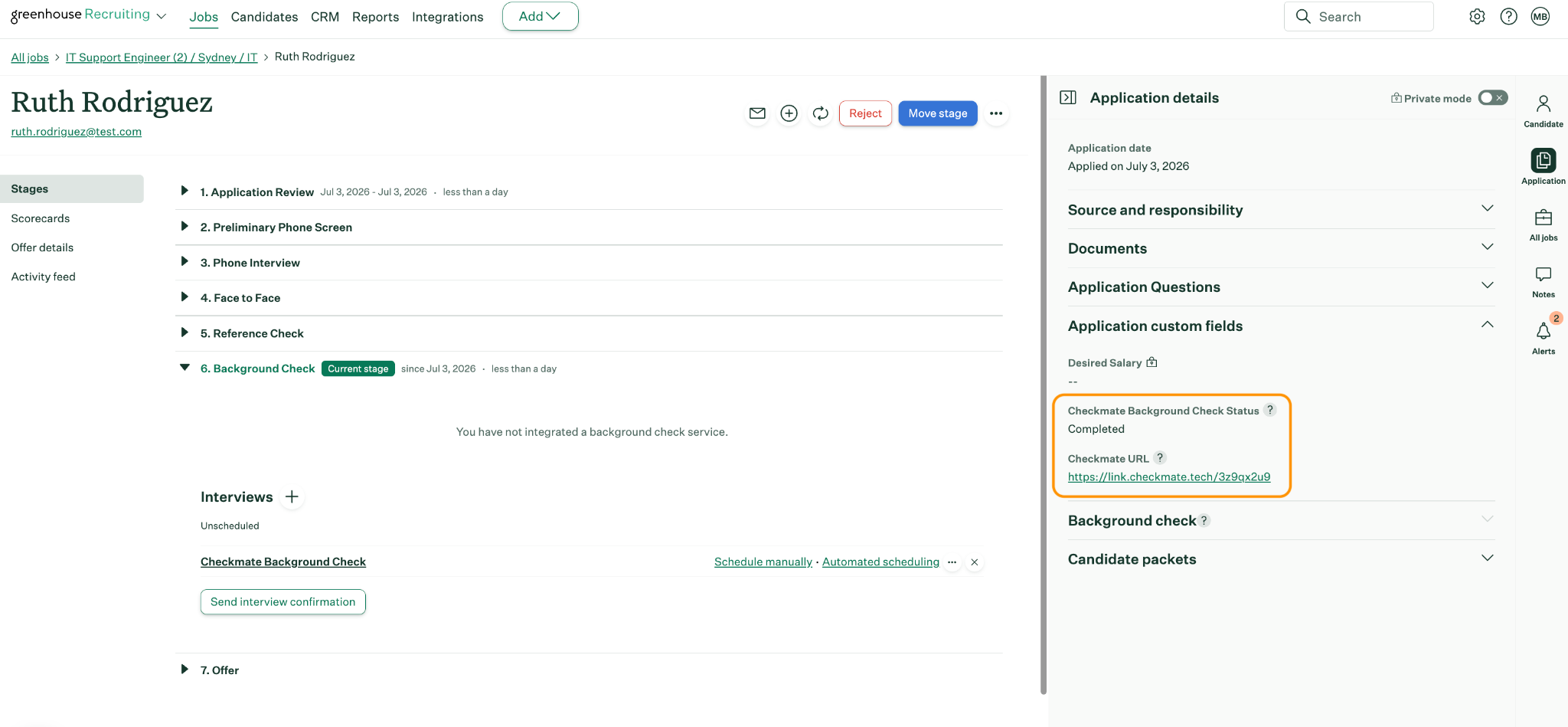 Greenhouse application showing Checkmate status updated to Completed