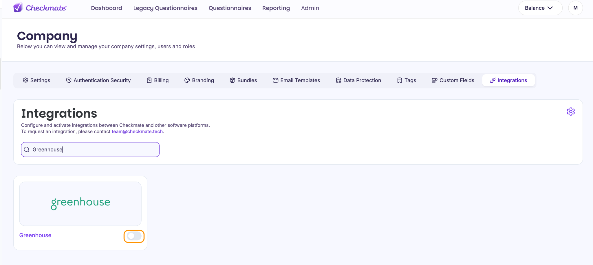 Checkmate Settings > Integrations > Greenhouse page with the toggle switched on
