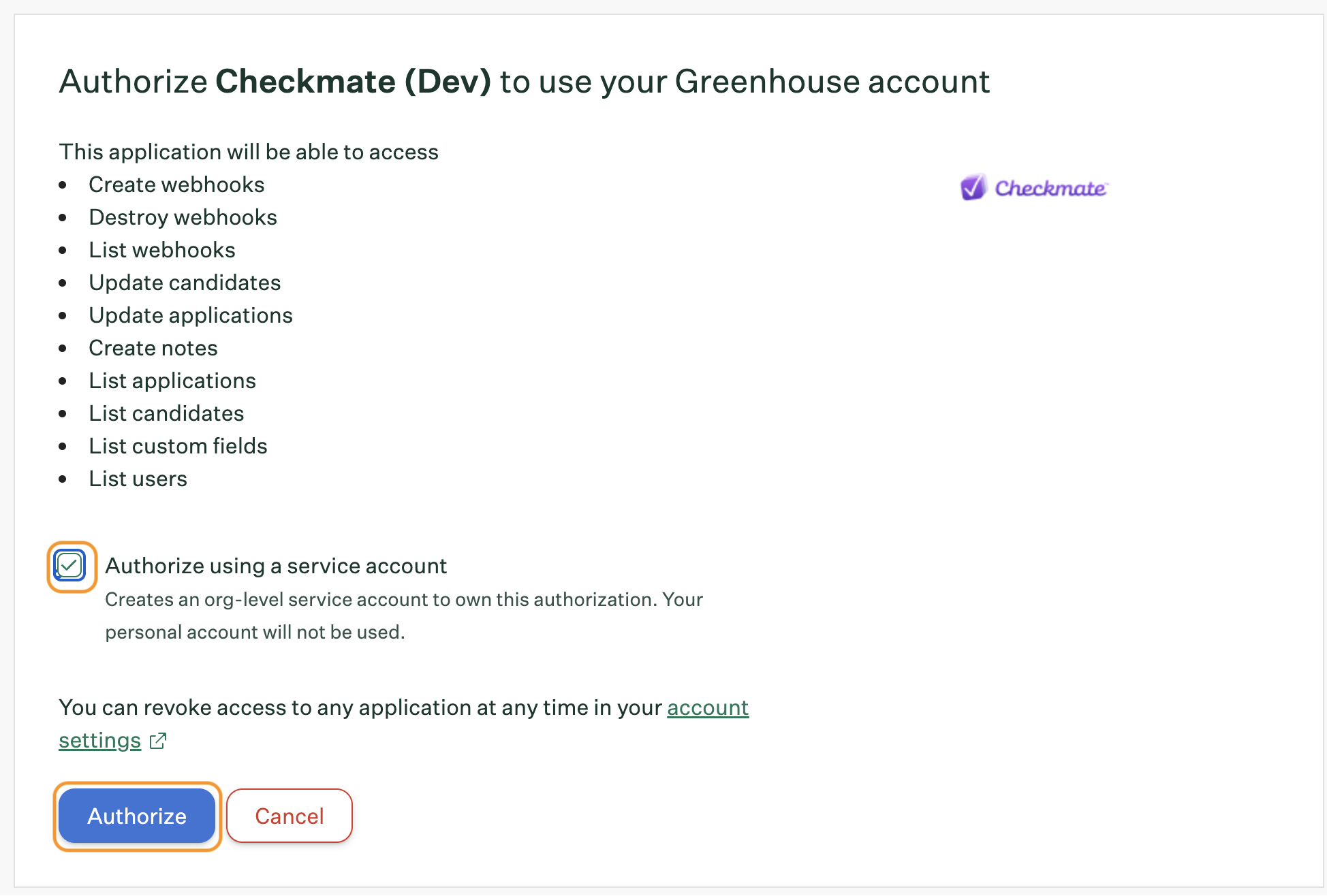 Greenhouse authorization screen requesting permissions for Checkmate