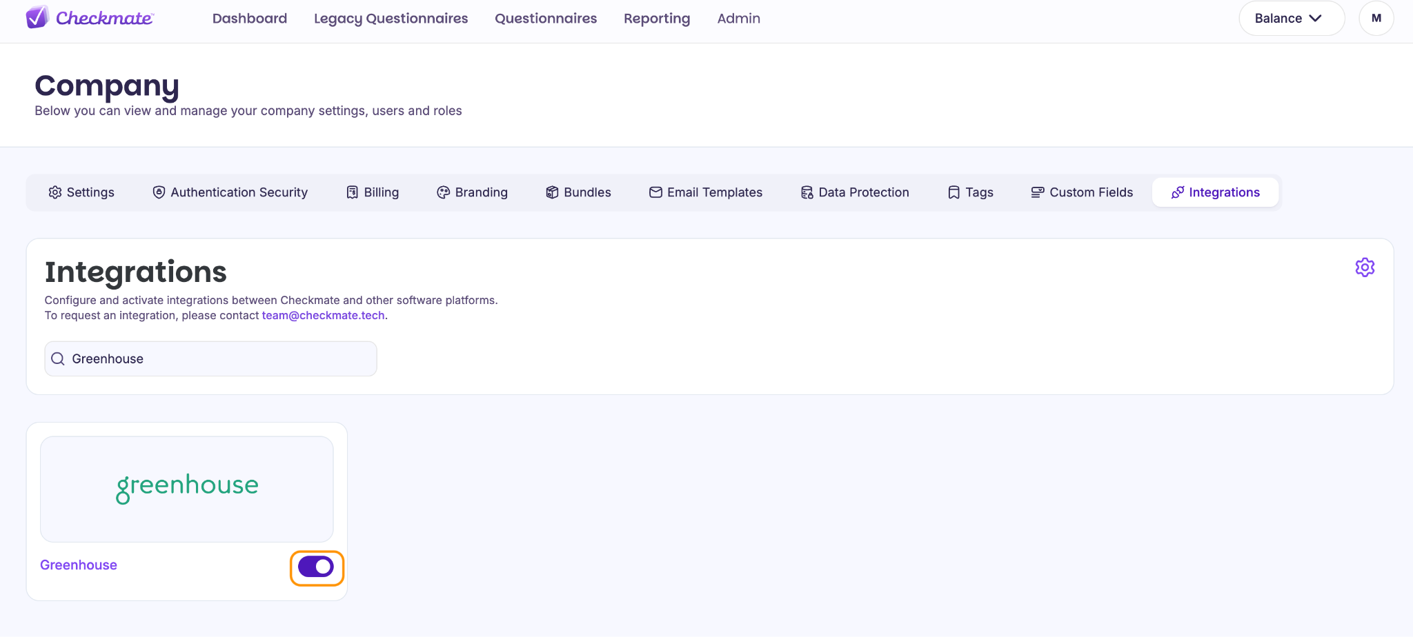 Checkmate integration page showing the connection marked Connected