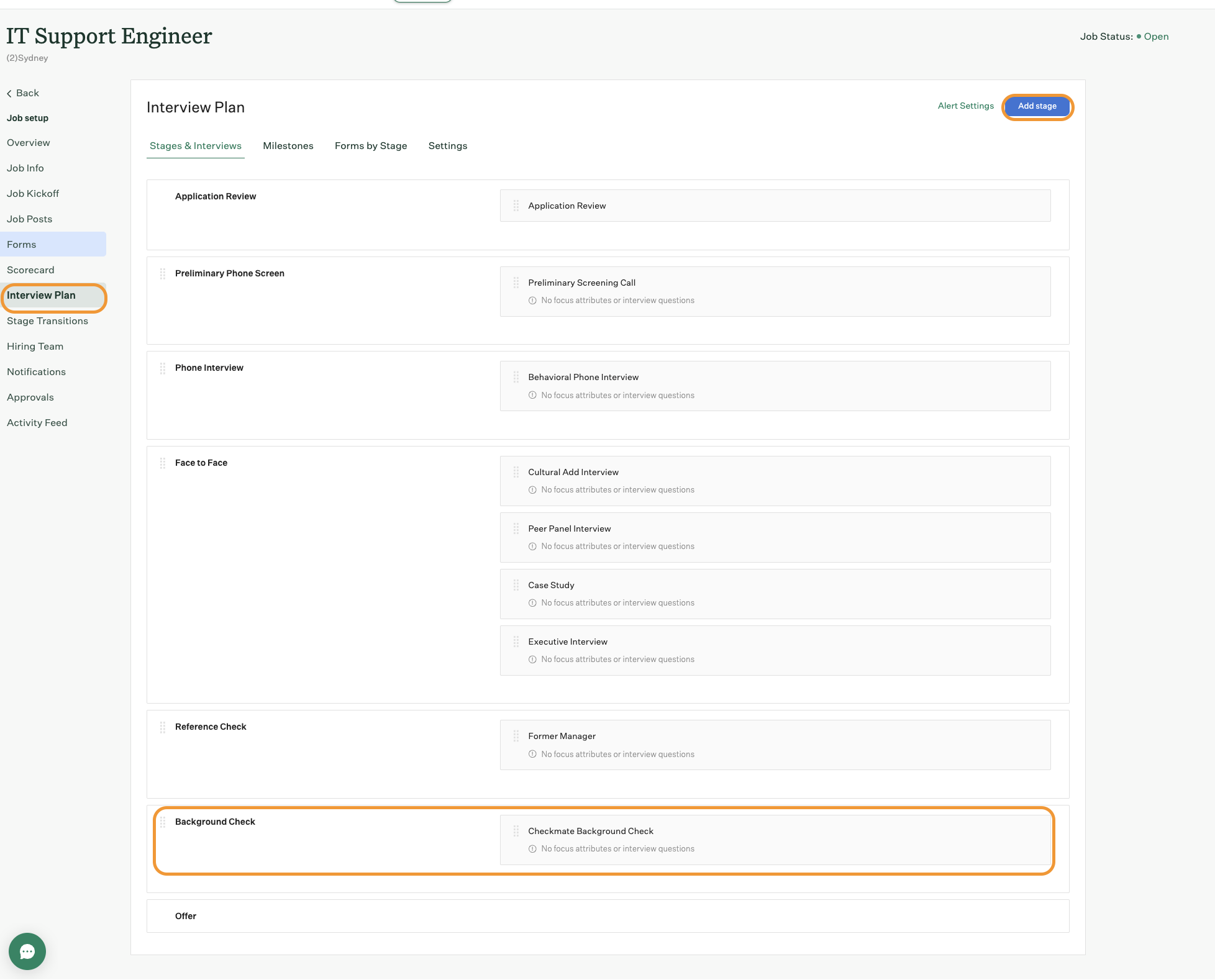 Job Stages configuration showing the Background Check stage added