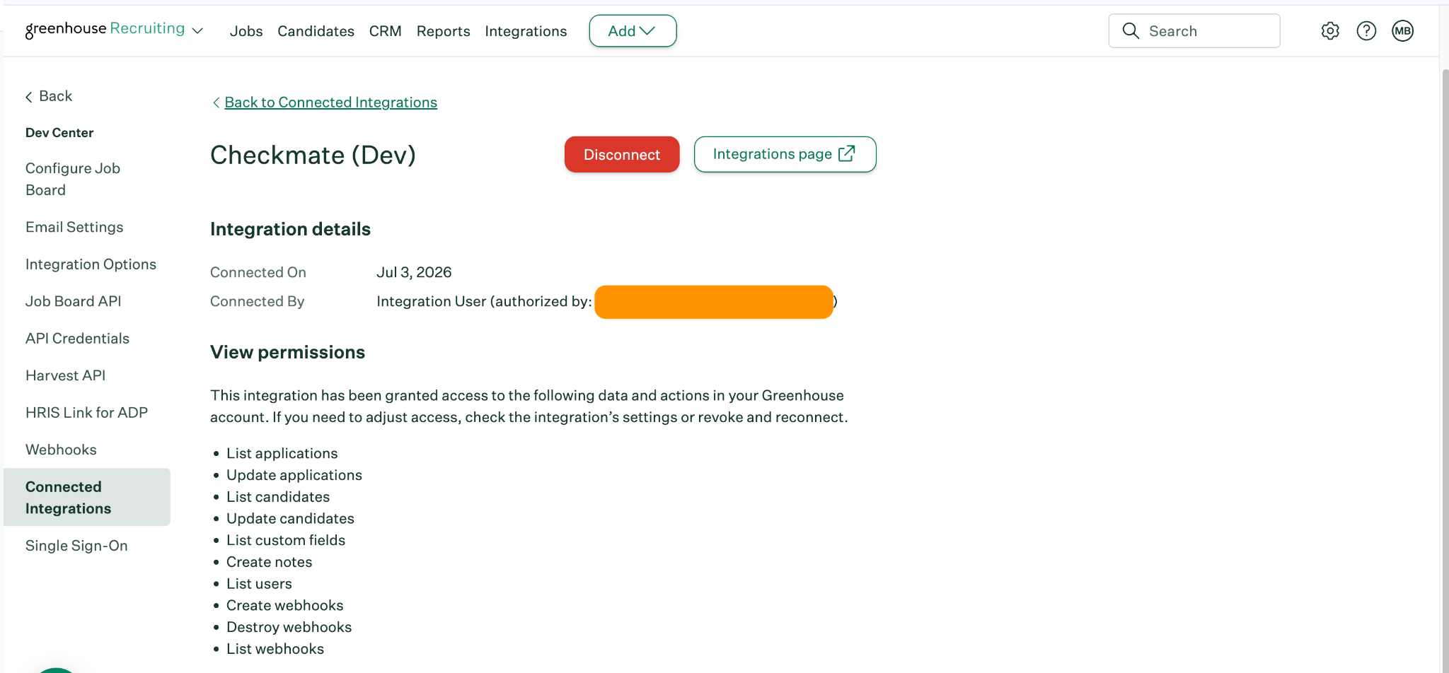 Greenhouse OAuth authorization screen listing the requested Checkmate scopes