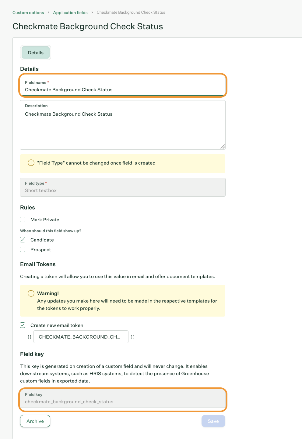 Custom Options configuration screen for application fields