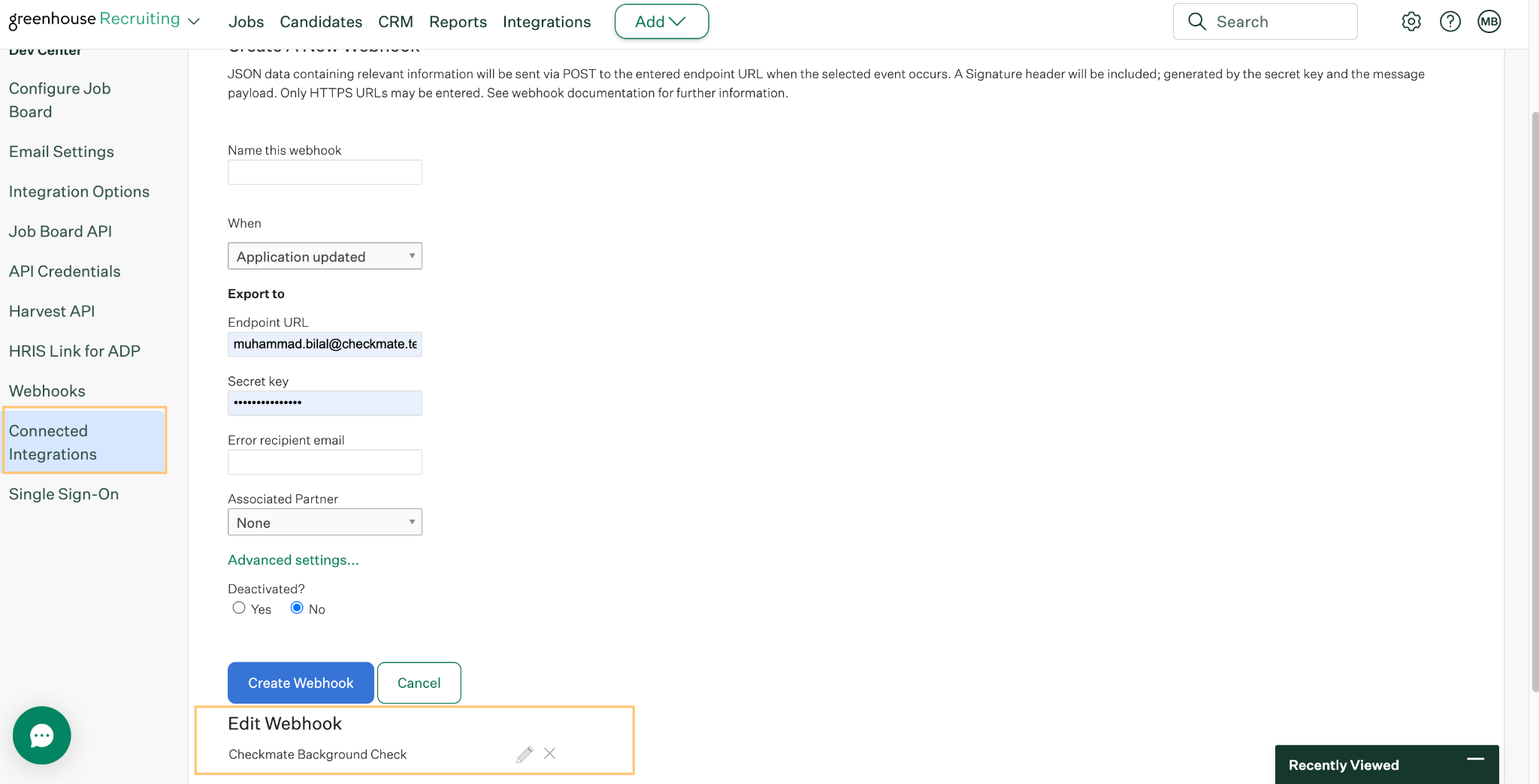 Greenhouse webhook settings showing the Checkmate Background Check webhook configuration